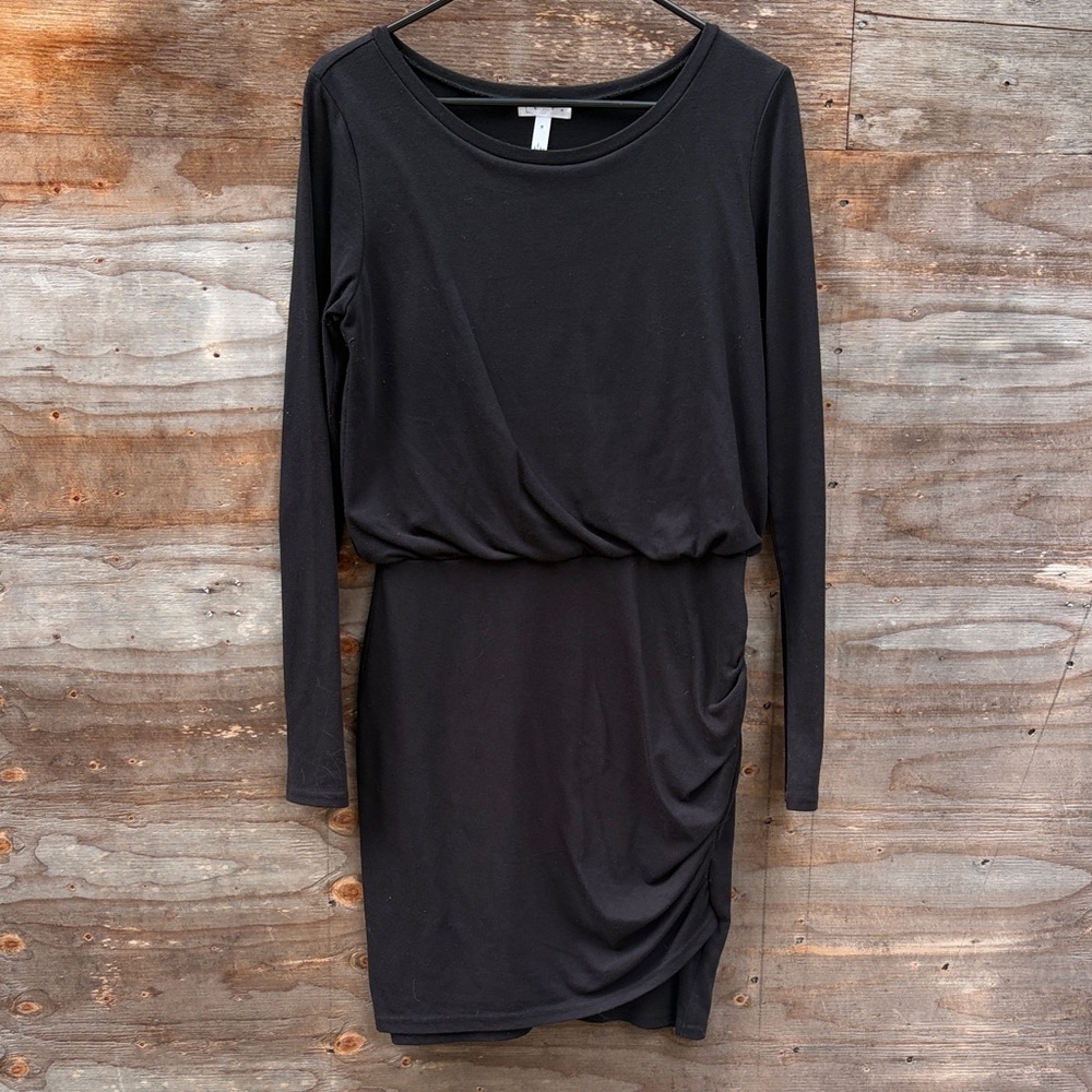 Black Long-Sleeve Draped Waist Dress